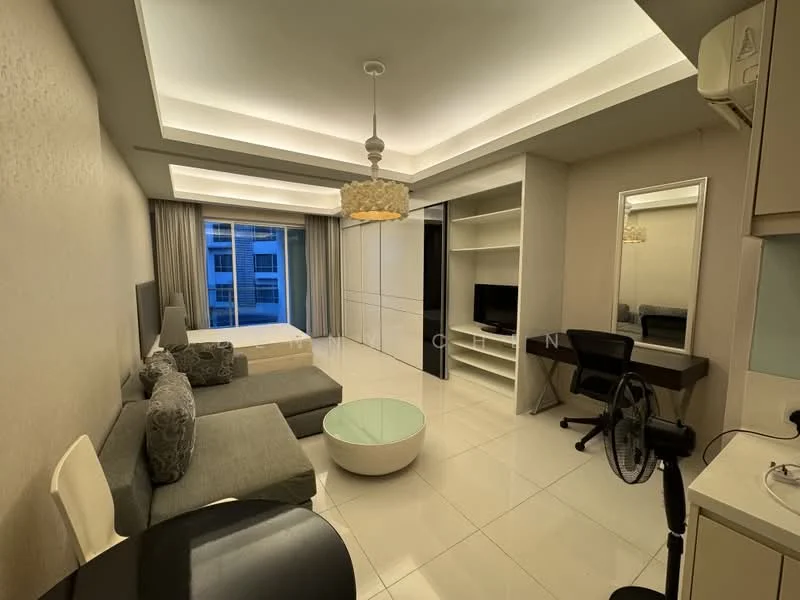 Living features: L-shape sectional sofa in grey, round coffee table, wall-mounted TV, built-in shelving unit, desk with chair, floor-to-ceiling windows, curtains, recessed downlights, ceiling rose with pendant light, white painted walls, glossy tile flooring; style: modern; view: city. Bedroom features: queen-size bed, upholstered headboard, bedside lamps, built-in wardrobe, mirror, white painted walls, glossy tile flooring; style: modern; view: city.