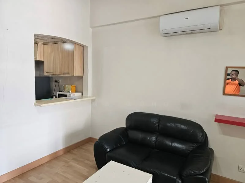 Living features: black leather sofa, wooden coffee table, wall-mounted air conditioning unit, light wood flooring, white painted walls, open kitchen counter, kitchen appliances visible, framed wall mirror; style: modern.