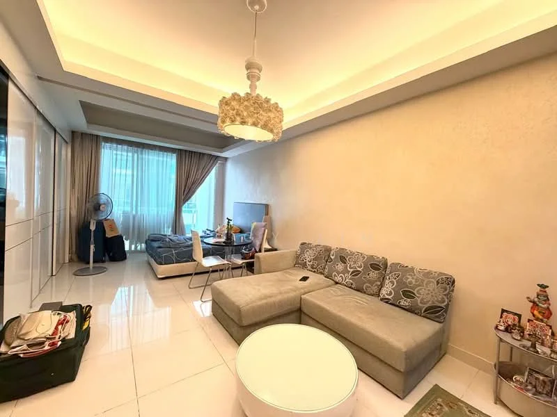 Living features: L-shape sectional sofa in grey, round coffee table, floor-to-ceiling windows with sheer curtains, recessed ceiling lights, cream painted walls, white tiled flooring, decorative wall with artwork, ceiling fan with light; style: modern; view: city.