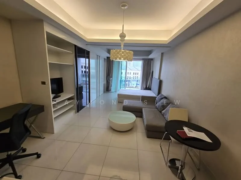 Living features: grey fabric sofa, round white coffee table, black study desk, black chair, built-in shelving unit, floor-to-ceiling windows, curtains, recessed ceiling lights, white tiled flooring, chandelier light fixture; style: modern; view: city.