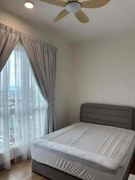 Bedroom features: queen-size bed, upholstered headboard, floor-to-ceiling windows, sheer curtains, wooden flooring, ceiling fan, light fixture, neutral painted walls; style: modern; view: city.