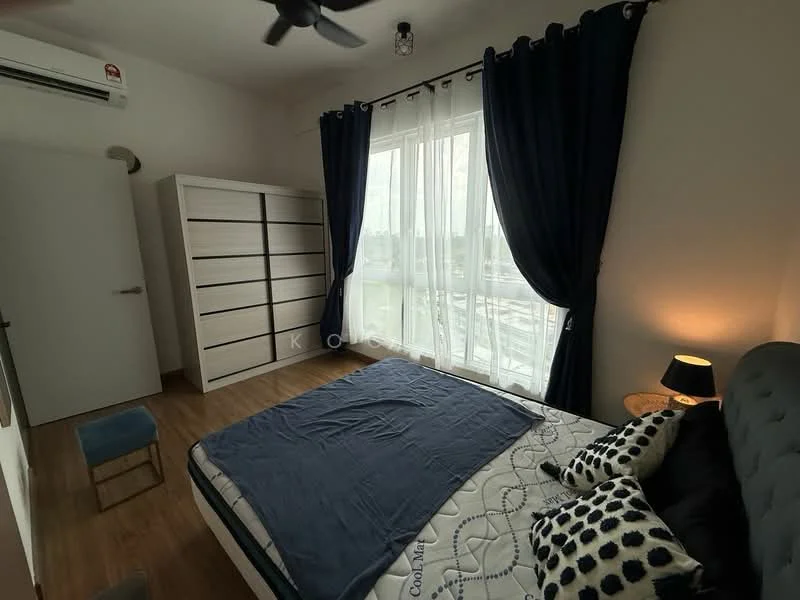 Bedroom features: queen-size bed with grey upholstered headboard, white bedding with blue accents, 2 bedside lamps, built-in wardrobe with white finish, floor-to-ceiling windows, blackout curtains, wooden flooring, 1 wall-mounted split AC, ceiling fan, decorative throw pillows; style: modern; view: city.