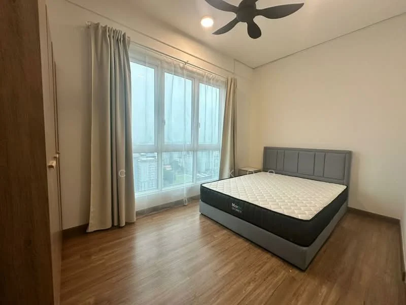 Bedroom features: queen-size bed, upholstered headboard, wooden flooring, floor-to-ceiling windows, sheer curtains, 5-blade ceiling fan, decorative wall, nightstand; style: modern; view: city.