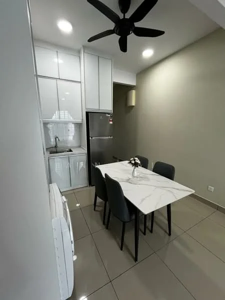 Dining features: 4-seater dining table with marble top, black dining chairs, wall-mounted air conditioning unit, grey painted walls, recessed LED downlights, floor-to-ceiling cabinets, stainless-steel fridge, ceramic tile flooring, ceiling fan with light; style: modern. Kitchen features: white cabinetry, built-in oven, stainless-steel sink, chrome pull-down faucet, grey backsplash, ceramic tile flooring; style: modern.