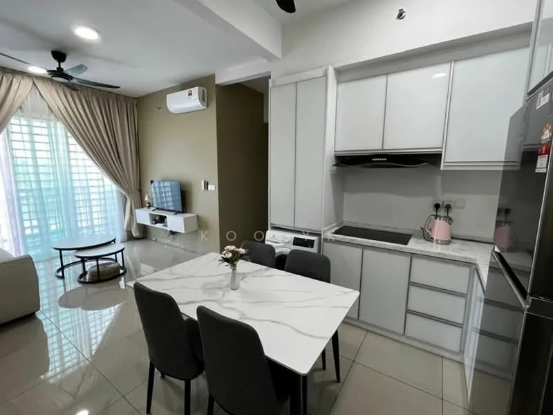 Kitchen features: white cabinetry, marble countertop, stainless-steel sink, chrome pull-down faucet, built-in oven, freestanding range oven, refrigerator, pendant lighting, tile flooring, wall-mounted split AC, open-plan layout, dining table with 4 chairs; style: modern. Living features: 3-seater fabric sofa, coffee table, TV console, wall-mounted TV, floor-to-ceiling windows with sheer curtains, ceiling fan; style: modern.
