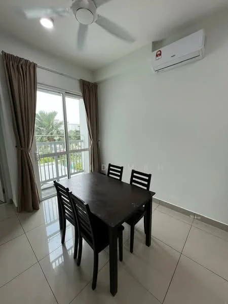 Dining features: 4-seater dining table, black wooden dining table, 4 black wooden chairs, white painted walls, light-colored tiled flooring, ceiling fan, wall-mounted split AC, floor-to-ceiling sliding glass door, curtains in beige, view of greenery; style: modern; view: garden.
