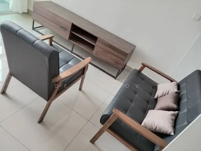 Living features: two black leather armchairs with wooden frames, wooden TV console with open shelving, two decorative cushions on one armchair, glossy tiled flooring, large windows with sheer curtains, neutral wall color, minimalist decor; style: modern.