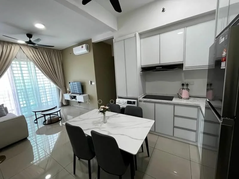 Kitchen features: white cabinetry, marble countertop, stainless-steel sink, chrome pull-down faucet, built-in oven, stainless-steel fridge, 4-burner gas hob, recessed downlights, tile flooring, open-plan layout with dining area; style: modern. Living features: 3-seater fabric sofa, coffee table, TV console, wall-mounted TV, ceiling fan, curtains, tile flooring; style: modern.