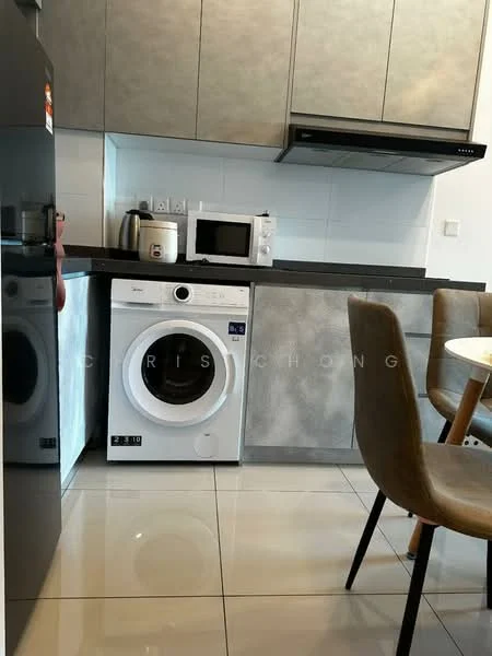 Kitchen features: grey cabinetry, black countertop, white washing machine, built-in microwave, stainless-steel kettle, stainless-steel fridge, ceramic tile flooring, white tiled backsplash, recessed lighting; style: modern.