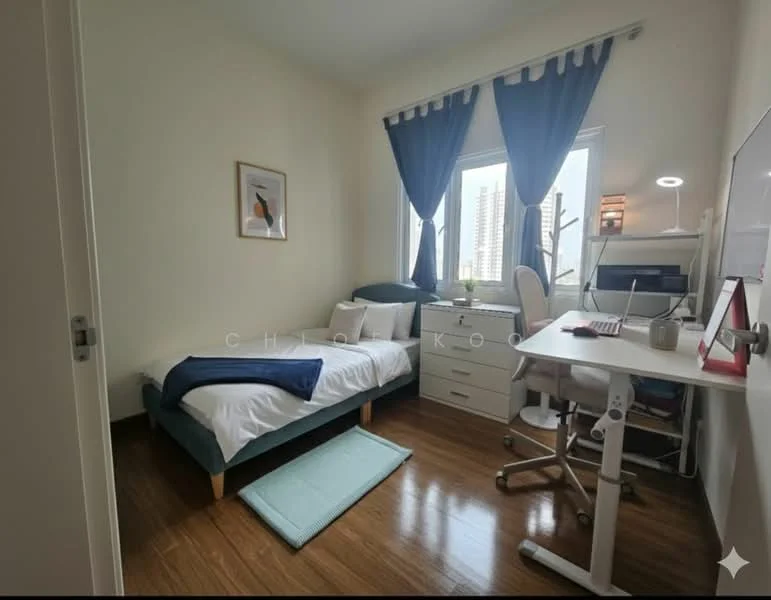 Bedroom features: single bed with white bedding, blue upholstered bed frame, wooden flooring, white walls, curtains in dark blue, framed artwork on wall, desk with white chair, table lamp, window with city view, study desk with computer, storage drawers, area rug in light blue; style: modern; view: city.
