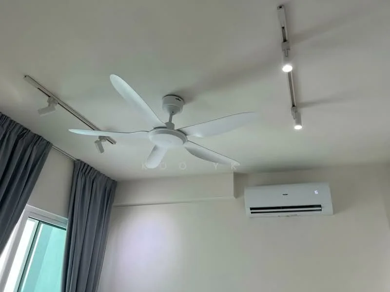 Room features: 5-blade ceiling fan with light, recessed LED downlights, wall-mounted split AC, floor-to-ceiling windows with sheer curtains, light grey painted walls, light grey curtains; style: modern.