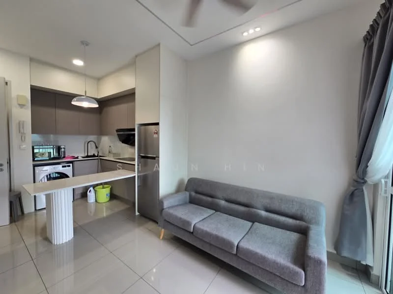 Living features: grey fabric sofa, white dining table with pedestal base, recessed ceiling lights, wall-mounted ceiling fan, large window with sheer curtains, glossy tile flooring, neutral wall color, open layout to kitchen; style: modern. Kitchen features: stainless-steel fridge, built-in oven, ceramic cooktop, grey cabinetry, white countertop, sink with chrome faucet, microwave, green plastic bucket; style: modern.