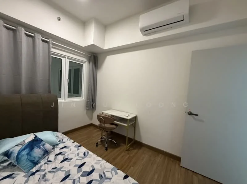 Bedroom features: queen-size bed with patterned bedding, upholstered headboard, wooden flooring, floor-to-ceiling window, grey curtains, study desk with chair, wall-mounted air conditioning unit, white painted walls; style: modern.