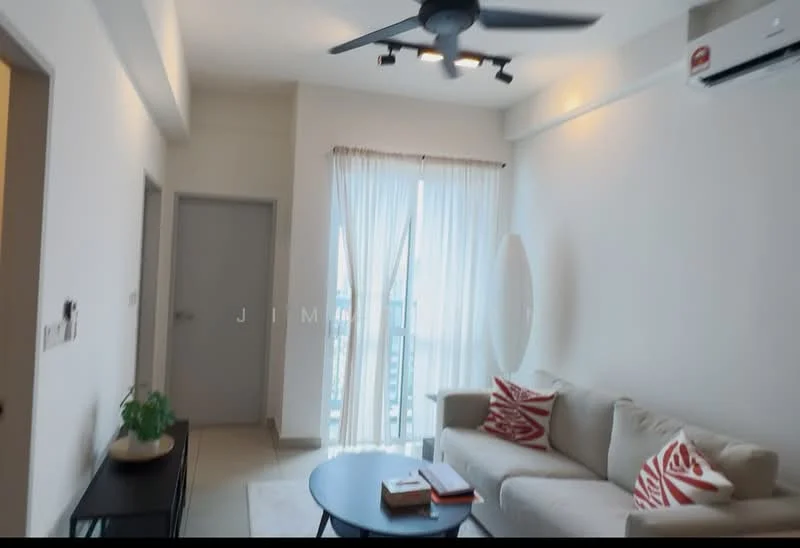 Living features: white painted walls, tile flooring, 5-blade ceiling fan with integrated LED light, floor-to-ceiling windows, sheer curtains, light-colored fabric sofa, red and white patterned cushions, round black coffee table, small indoor plant on table, wall-mounted air conditioning unit; style: modern; view: city.