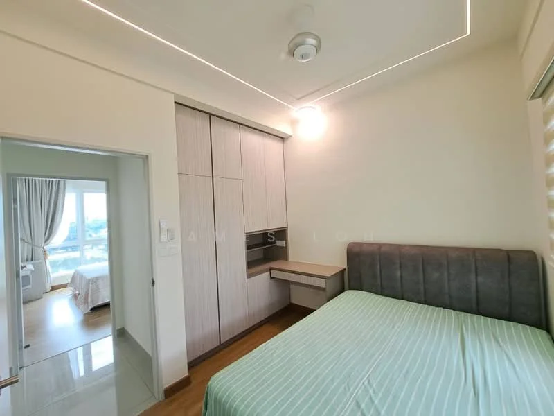 Bedroom features: queen-size bed with upholstered headboard, built-in wardrobe with sliding doors, wooden flooring, recessed ceiling lights, wall-mounted light fixture, window with sheer curtains, study desk, neutral wall color; style: modern; view: city.