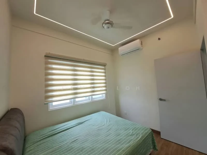 Bedroom features: queen-size bed with green striped bedding, upholstered headboard, 2 windows with sheer roller blinds, 1 wall-mounted split AC, 5-blade ceiling fan with light, light-colored painted walls, wooden flooring, recessed LED lighting; style: modern.