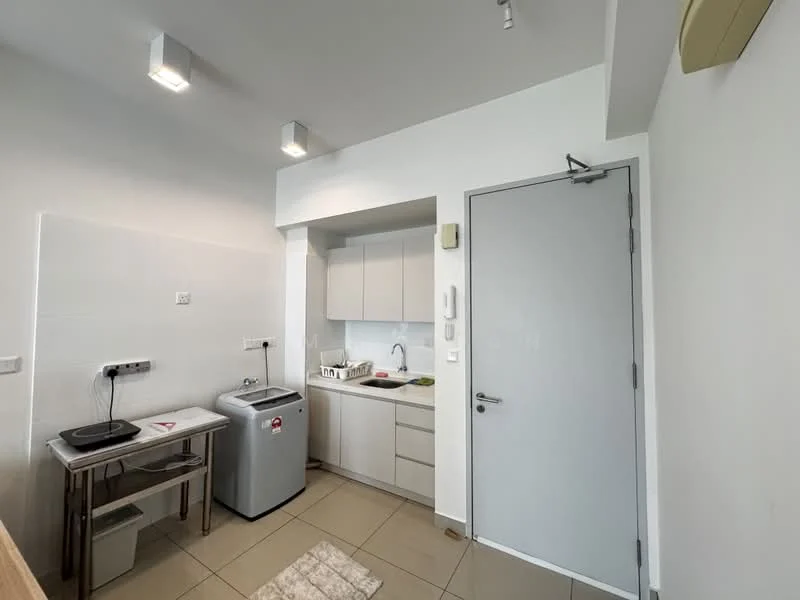 Kitchen features: white cabinetry, stainless-steel sink, chrome pull-down faucet, built-in stove, microwave, refrigerator, washing machine, tile flooring, recessed downlights, countertop space, wall-mounted cabinets, kitchen mat; style: modern.