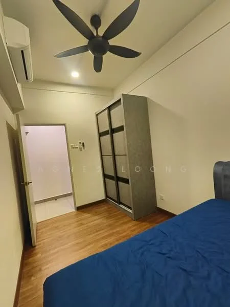 Bedroom features: wooden flooring, blue bedspread, 5-blade ceiling fan, wall-mounted air conditioning unit, built-in wardrobe with sliding doors, white painted walls, recessed ceiling lights, door leading to hallway; style: modern.