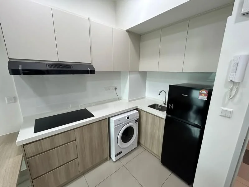 Kitchen features: white quartz countertop, light grey cabinetry, wooden lower cabinets, black built-in stove, black range hood, single-bowl stainless-steel sink, chrome pull-down faucet, white front-loading washing machine, black refrigerator, ceramic tile flooring, white tiled backsplash, wall-mounted intercom; style: modern.