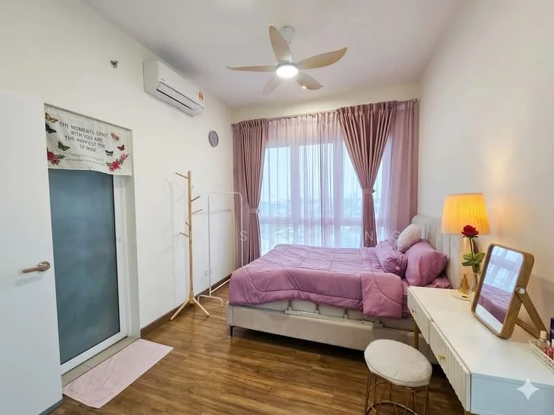 Bedroom features: queen-size bed with pink bedding, upholstered headboard, wooden flooring, 5-blade ceiling fan with light, floor-to-ceiling windows with sheer curtains, dressing table with mirror, table lamp, decorative wall art, built-in wardrobe, white walls; style: modern; view: city.