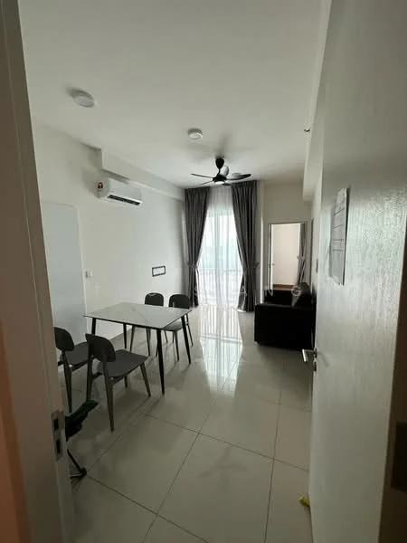 Living features: white painted walls, glossy tile flooring, 5-blade ceiling fan, wall-mounted split AC, large windows with sheer curtains, sofa, dining table with chairs, natural light from windows; style: modern.