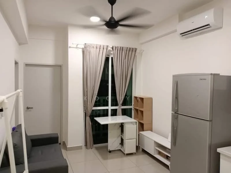 Living features: grey fabric sofa, white wall, light grey tiled flooring, 5-blade ceiling fan with light, wall-mounted air conditioning unit, floor-to-ceiling window with sheer curtains, white sideboard, white folding table, silver refrigerator, open shelving unit; style: modern; view: city.