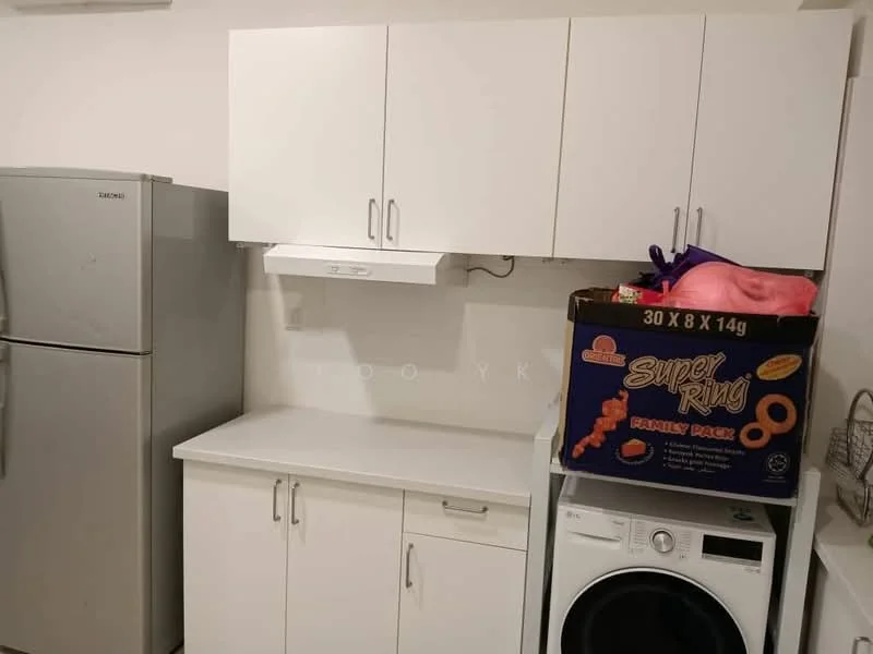 Laundry features: white cabinetry with multiple doors, white countertop, front-load washing machine, tumble dryer, stainless-steel fridge, ventilation hood, storage basket, pack of snacks on countertop; style: modern.