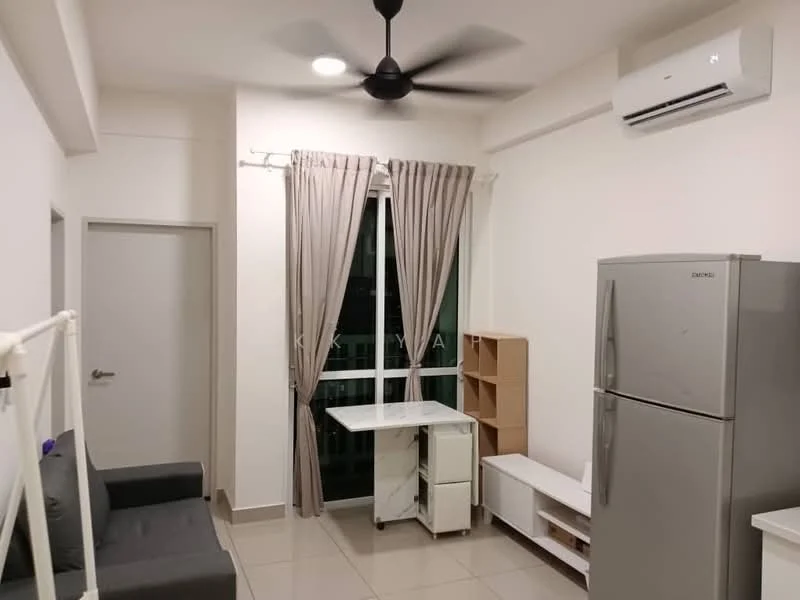Living features: grey fabric sofa, white wall, light grey tiled flooring, 5-blade ceiling fan with light, wall-mounted split AC, floor-to-ceiling windows with sheer curtains, white dining table on wheels, silver refrigerator, open shelving unit, TV console, decorative items on shelves; style: modern; view: city.