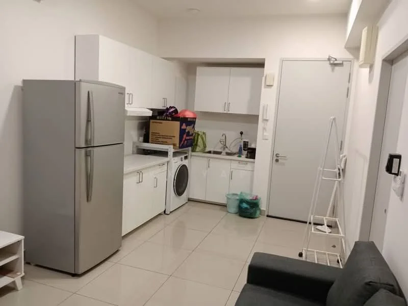 Room features: white cabinetry, stainless-steel fridge, built-in oven, freestanding washing machine, ceramic tile flooring, grey sofa, white walls, countertop, sink, storage boxes, laundry rack; style: modern.