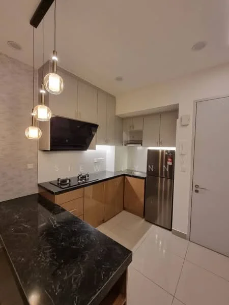 Kitchen features: black granite countertop, wood cabinetry, grey upper cabinets, stainless-steel fridge, built-in oven, 2-burner gas hob, black glass backsplash, pendant lighting, recessed downlights, white tiled flooring, single-bowl stainless-steel sink, chrome pull-down faucet; style: modern.