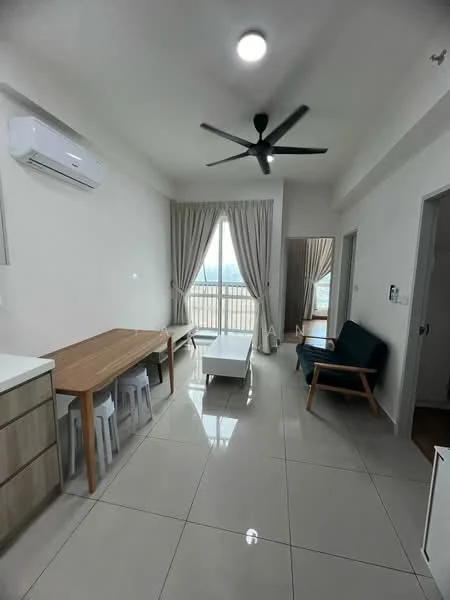 Living features: white painted walls, glossy tile flooring, 5-blade ceiling fan with light, floor-to-ceiling windows, sheer curtains, dining table with 4 chairs, white coffee table, blue fabric sofa, wooden armchair, mirror on wall, air conditioning unit; style: modern; view: city.