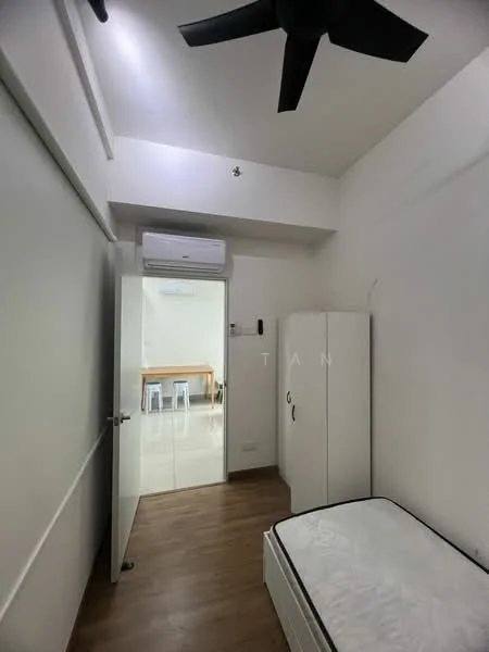 Bedroom features: wooden flooring, white painted walls, 5-blade ceiling fan, wall-mounted split AC, single bed frame, built-in wardrobe, door leading to hallway, window with natural light; style: modern.