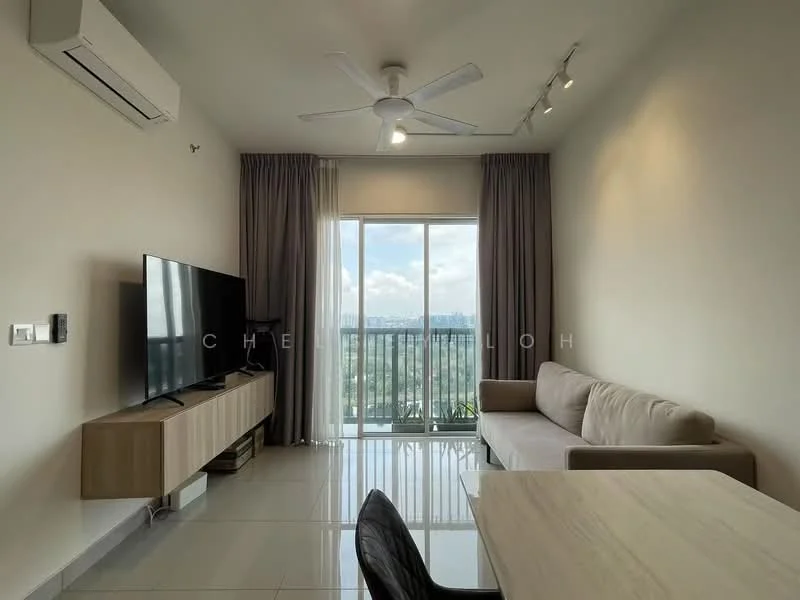 Living features: 3-seater fabric sofa in beige, wall-mounted TV, TV console in light wood, ceiling fan with integrated light, floor-to-ceiling windows, curtains in light grey, recessed downlights, glossy tile flooring, view of city skyline; style: modern; view: city.