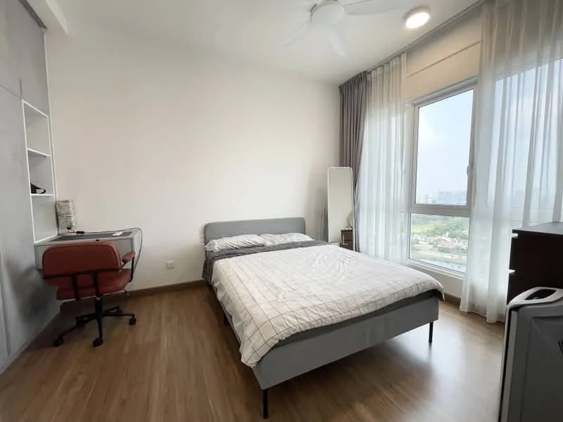 Bedroom features: queen-size bed, upholstered headboard, bedside lamps, study desk, red office chair, floor-to-ceiling window, sheer curtains, wooden flooring, decorative mirror, built-in wardrobe; style: modern; view: city.