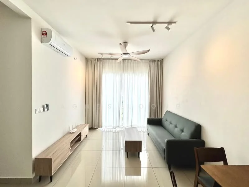 Living features: 3-seater fabric sofa in green, coffee table, wall-mounted TV console, floor-to-ceiling windows, sheer curtains, 5-blade ceiling fan with light, wall-mounted split AC, polished tile flooring, light-colored painted walls, decorative wall lighting; style: modern.