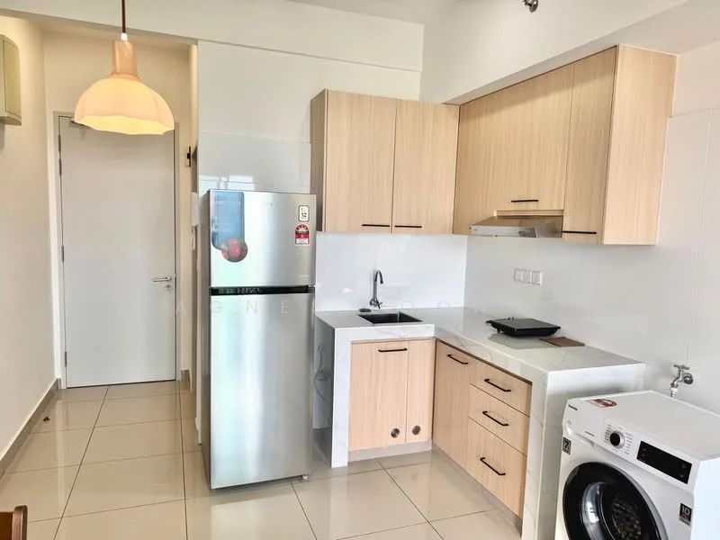 Kitchen features: light wood cabinetry, white quartz countertop, stainless-steel fridge, built-in oven, stainless-steel sink, chrome pull-down faucet, white tiled backsplash, washing machine, pendant light, ceramic tile flooring, wall-mounted air conditioning unit, open shelving; style: modern.