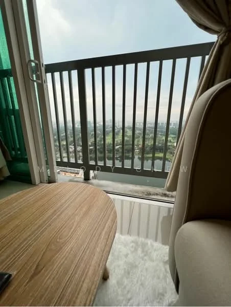 Room features: balcony with railing, city view, wooden coffee table, carpeted flooring, curtains, glass sliding door; style: modern; view: city.