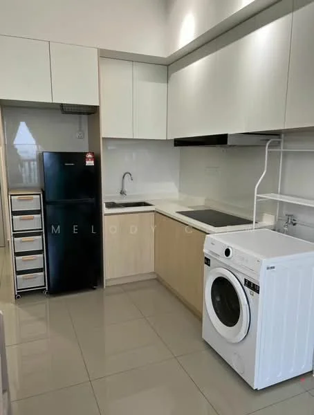 Kitchen features: white upper cabinets, light wood lower cabinets, stainless-steel sink, chrome pull-down faucet, black fridge, built-in electric cooktop, white washing machine, grey tile backsplash, grey ceramic tile flooring, recessed downlights, open shelving, drawer storage; style: modern.