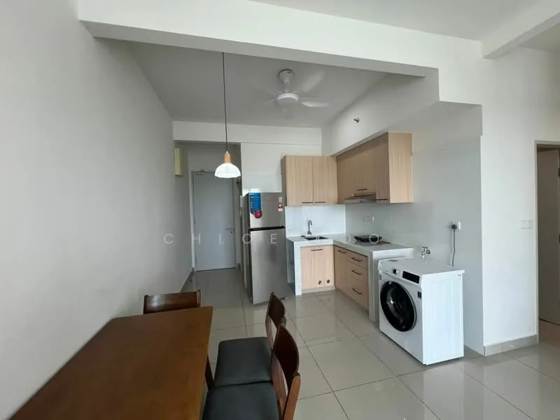Kitchen features: white painted walls, light wood cabinetry, stainless-steel fridge, built-in oven, freestanding washing machine, single-bowl stainless-steel sink, chrome pull-down faucet, ceramic tile flooring, ceiling fan, pendant lamp, dining table for 4, black dining chairs; style: modern.