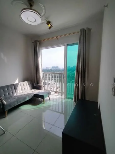 Living features: grey fabric sofa, glass coffee table, white painted walls, glossy tile flooring, floor-to-ceiling sliding glass door, curtains, ceiling light fixture, balcony view; style: modern; view: city.