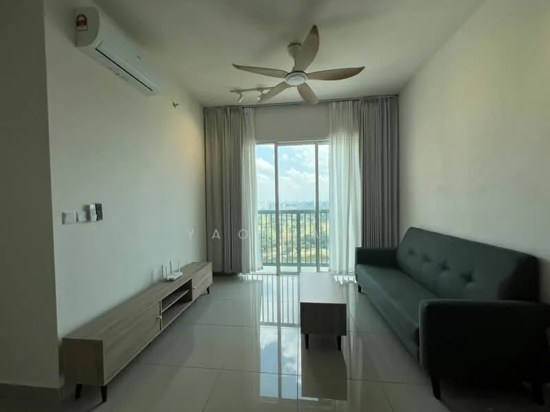 Living features: 3-seater fabric sofa in dark green, coffee table, TV console, wall-mounted TV, floor-to-ceiling windows, curtains, 5-blade ceiling fan with light, split air conditioning unit, glossy tile flooring, white painted walls; style: modern; view: city.