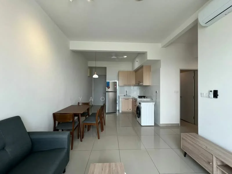 Living features: grey fabric sofa, wooden coffee table, dining table for 4, wooden dining chairs, recessed downlights, ceiling fan, wall-mounted air conditioning unit, tile flooring, white painted walls, kitchen area with light wood cabinetry, stainless-steel fridge, built-in washing machine, white countertop, oven, sink; style: modern.