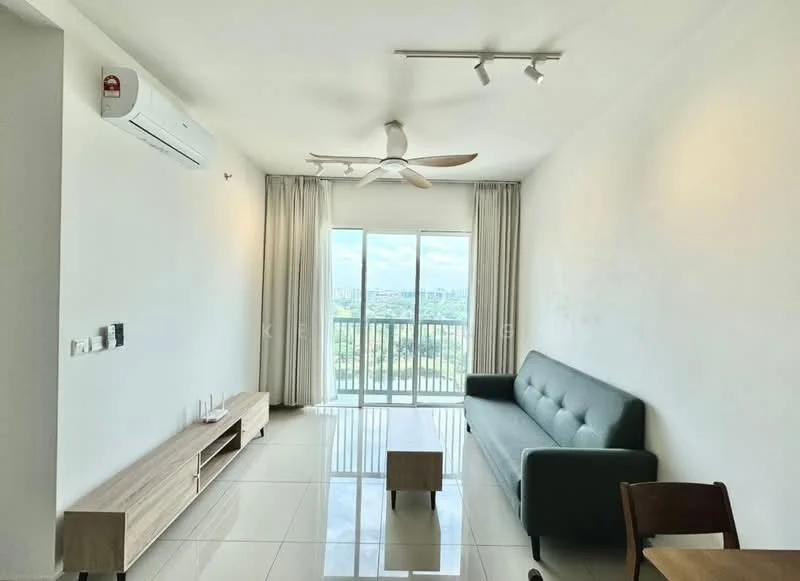 Living features: 5-blade ceiling fan with light, wall-mounted split AC, floor-to-ceiling windows, sliding glass door, white painted walls, glossy tile flooring, green fabric sofa, wooden TV console, wooden coffee table, sheer curtains; style: modern; view: city.