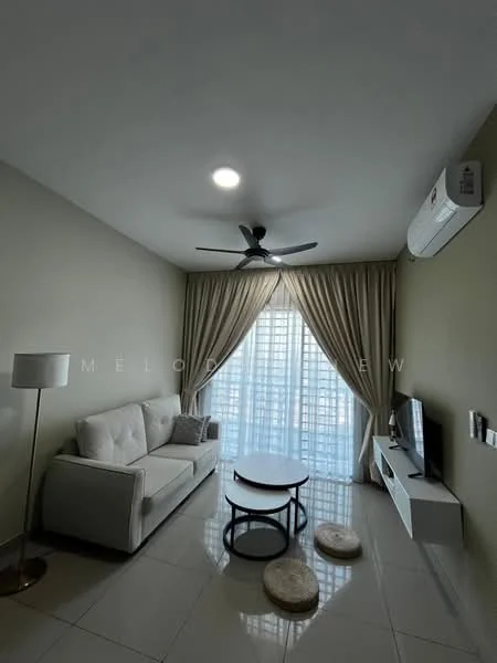 Living features: 3-seater fabric sofa in light grey, coffee table, floor-to-ceiling windows, sheer curtains, 5-blade ceiling fan with light, wall-mounted TV, TV console, polished tile flooring, decorative wall, air conditioning unit; style: modern; view: city.