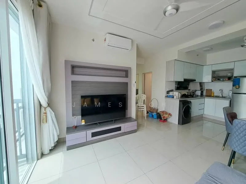 Living features: white painted walls, glossy tile flooring, 5-blade ceiling fan with light, wall-mounted TV, TV console with storage, floor-to-ceiling windows, sheer curtains, recessed ceiling lights, open layout to kitchen, air conditioning unit; style: modern; view: city. Kitchen features: white cabinetry, stainless-steel fridge, built-in oven, freestanding washing machine, black countertop, ceramic tile backsplash, sink, open shelving; style: modern.