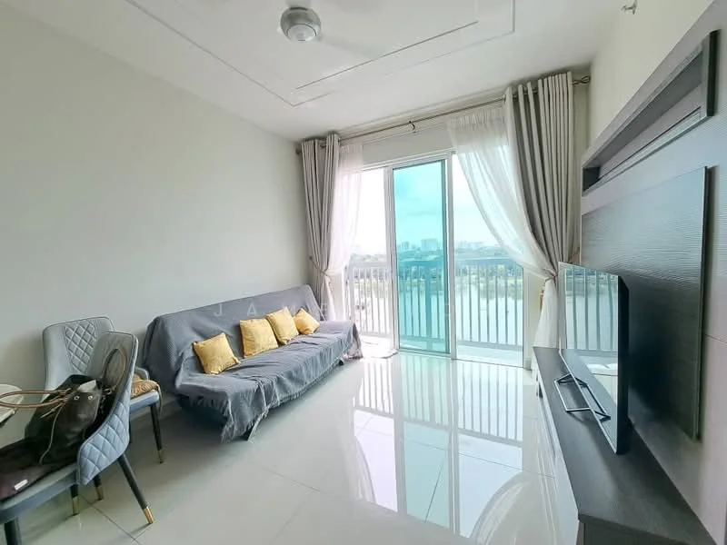 Living features: grey fabric sofa with yellow cushions, floor-to-ceiling sliding glass door, white curtains, wall-mounted TV, light grey walls, glossy white tile flooring, ceiling fan, decorative wall panel, balcony view, natural light from large windows; style: modern; view: city.