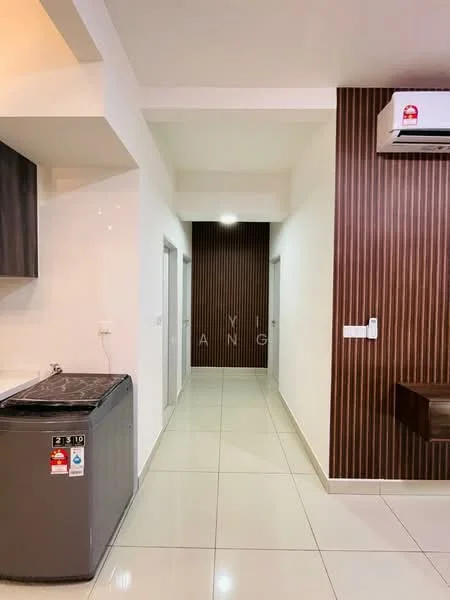 Kitchen features: grey cabinets, white walls, ceramic tile flooring, stainless-steel fridge, wall-mounted air conditioning unit; style: modern. Hallway features: wood accent wall, white walls, ceramic tile flooring, recessed lighting; style: modern.