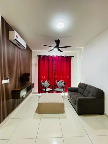 Living features: 3-seater fabric sofa in grey, coffee table, wall-mounted TV, wooden TV console, 1 wall-mounted split AC, 5-blade ceiling fan with light, red curtains, white painted walls, cream tiled flooring, decorative cushions on chairs, accent wall with wood paneling, recessed lighting; style: modern.