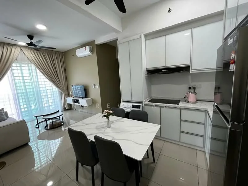 Kitchen features: white cabinetry, marble countertop, stainless-steel sink, chrome pull-down faucet, built-in oven, stainless-steel fridge, ceramic tile flooring, recessed downlights, wall-mounted split AC; style: modern. Living features: 3-seater fabric sofa in beige, coffee table, TV console, floor-to-ceiling windows with sheer curtains, ceiling fan; style: modern.