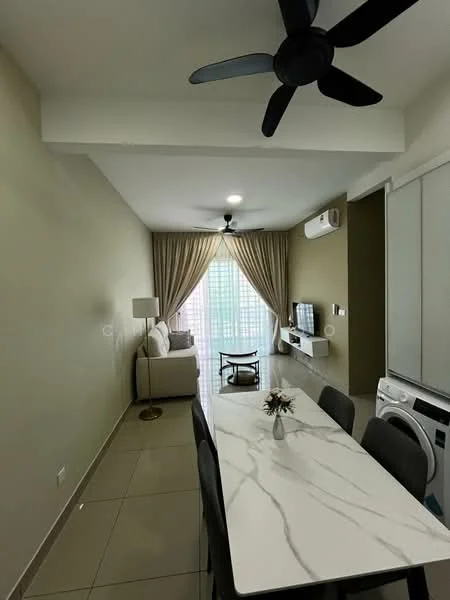 Dining features: marble dining table, 6 dining chairs, ceiling fan, wall-mounted TV, light-colored curtains, floor-to-ceiling windows, air conditioning unit, laminate flooring, decorative vase on table; style: modern. Living features: sofa, floor lamp, TV console, decorative cushions, neutral wall color; style: modern.